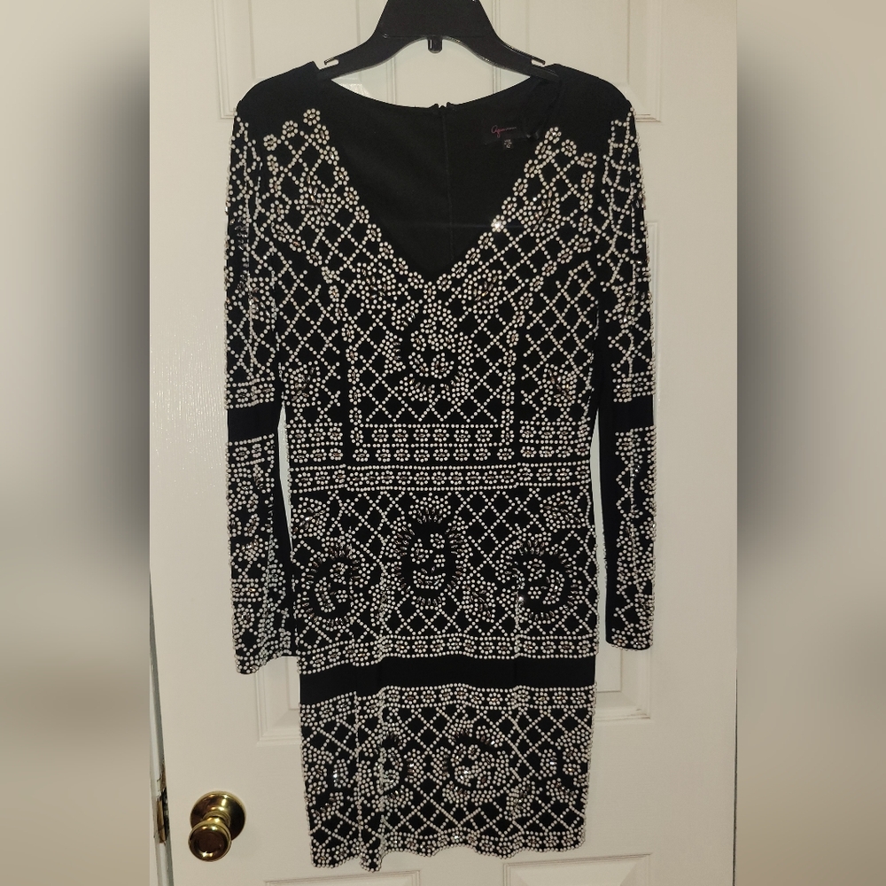 Aqua Black Long-Sleeve Beaded Dress-mini/midi